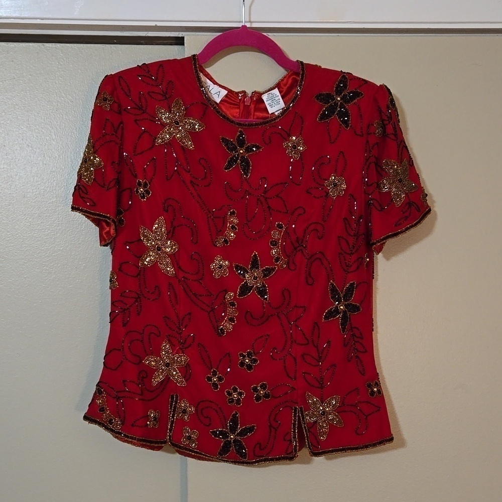 SCALA Beaded Floral Silk Top Size Large NWT